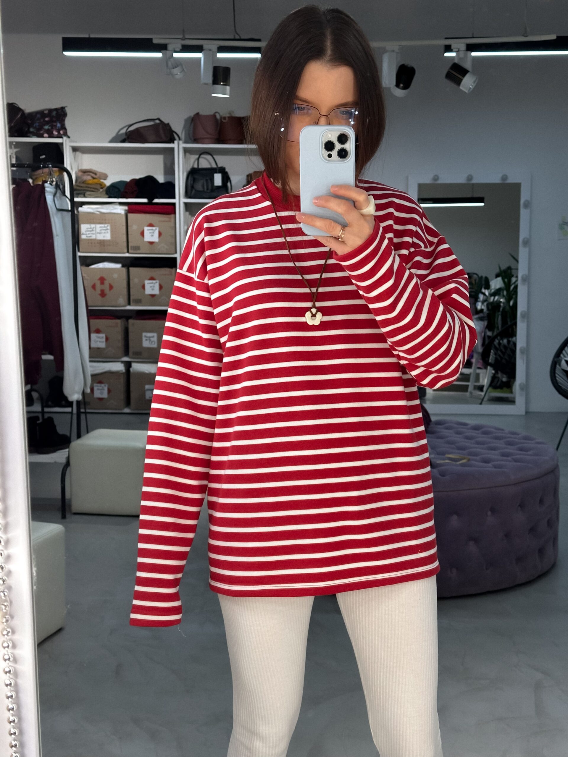 Лонгслів у червону смужку червона горловина - Зображення 7