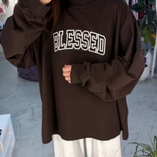 Лонгслів оверсайз plus шоколад з вишивкою blessed