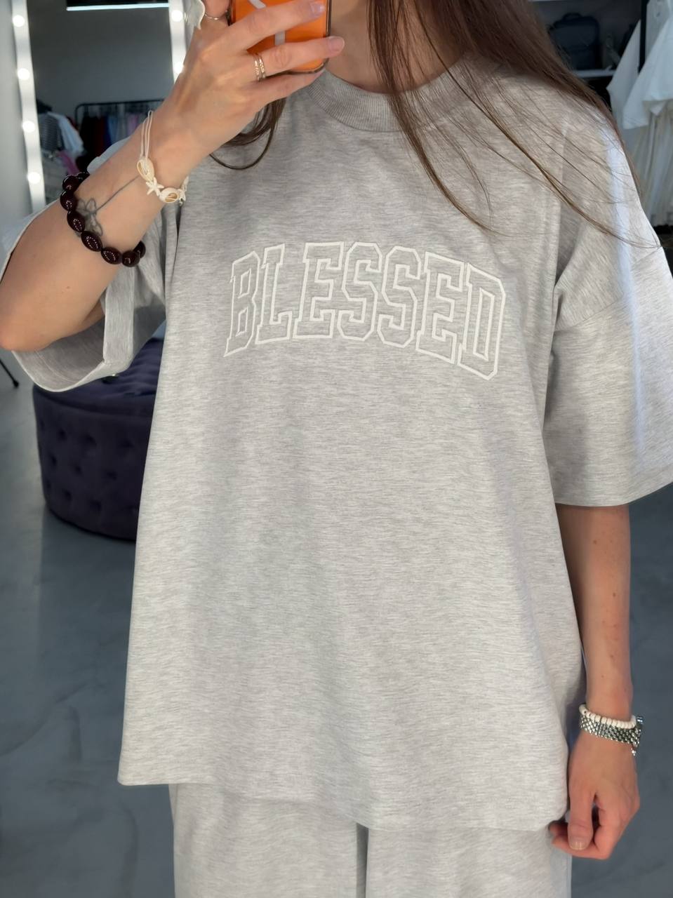 Футболка преміум сірий меланж з вишивкою білою blessed - Зображення 6